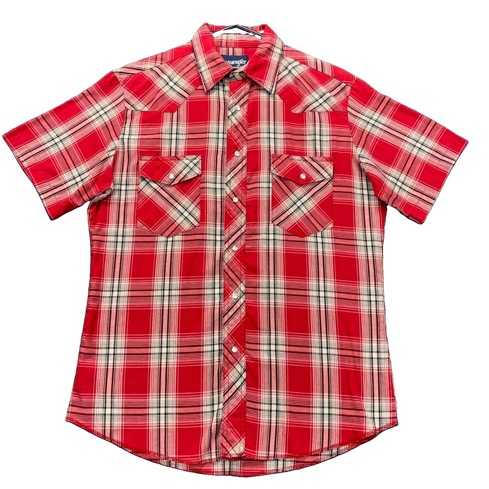 Wrangler Western Shirt Mens M Pearl Snap Red Tartan Plaid Short Sleeves Cowboy